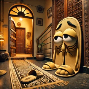 A whimsical and surreal scene outside an Indian Tamil house in an apartment. The entrance door, a welcome mat, and a pair of slippers all have express